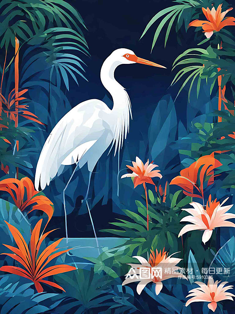 雨林中的白鹤插画AI数字艺术素材