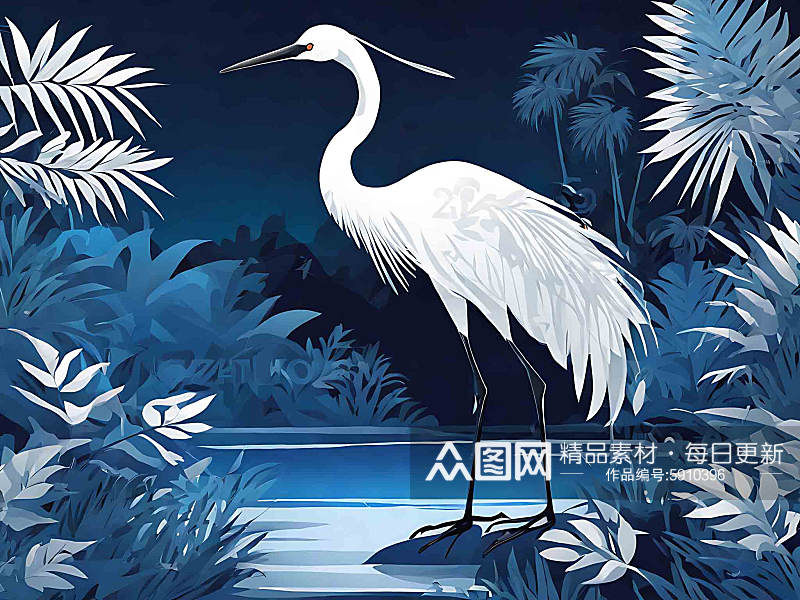 雨林中的白鹤插画AI数字艺术素材