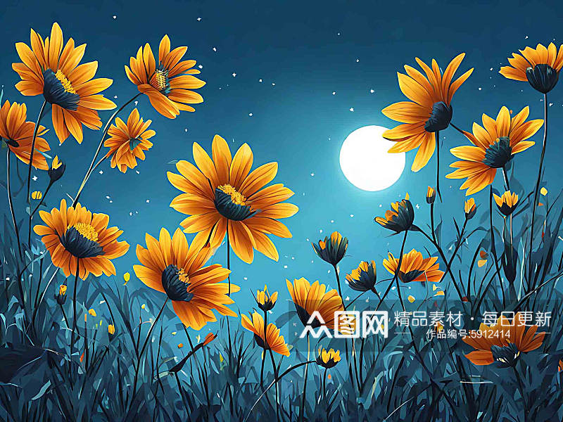 夜晚花丛插画AI数字艺术素材