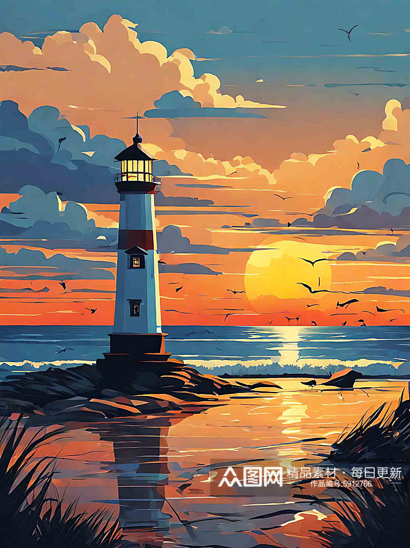 日出海边灯塔插画AI数字艺术素材