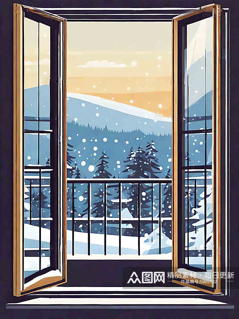 窗台冬天风景阳台窗户雪景插画素材