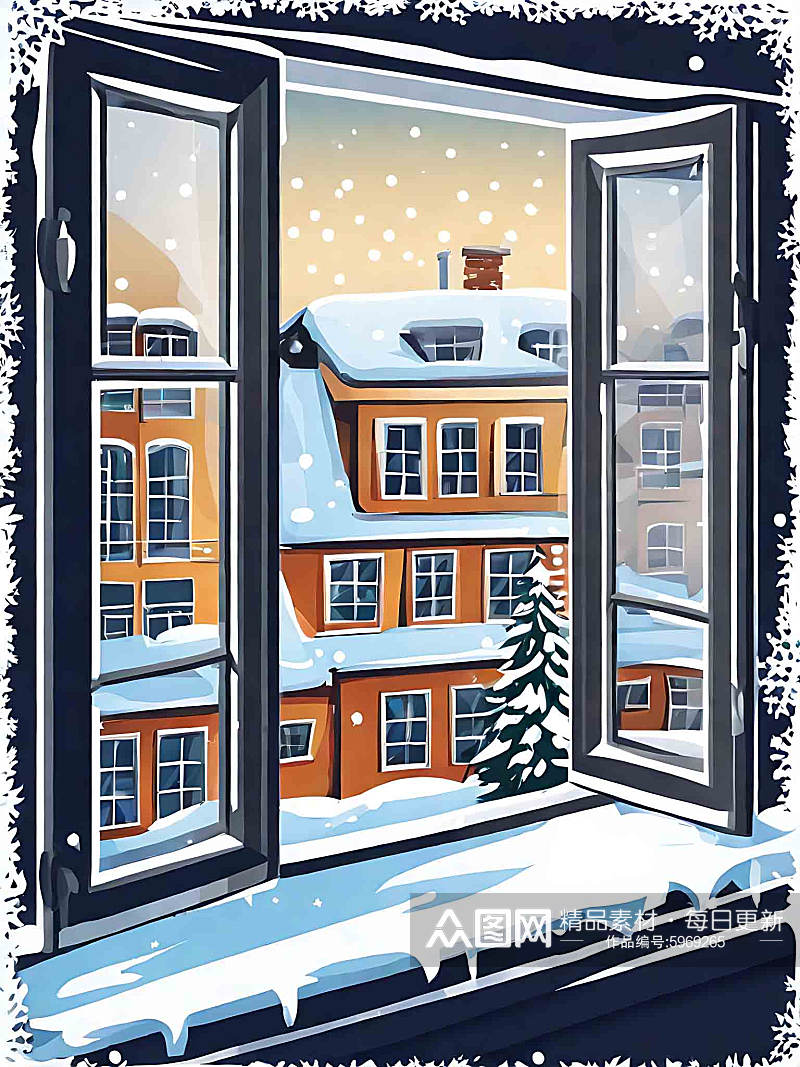 窗台冬天风景阳台窗户雪景插画素材
