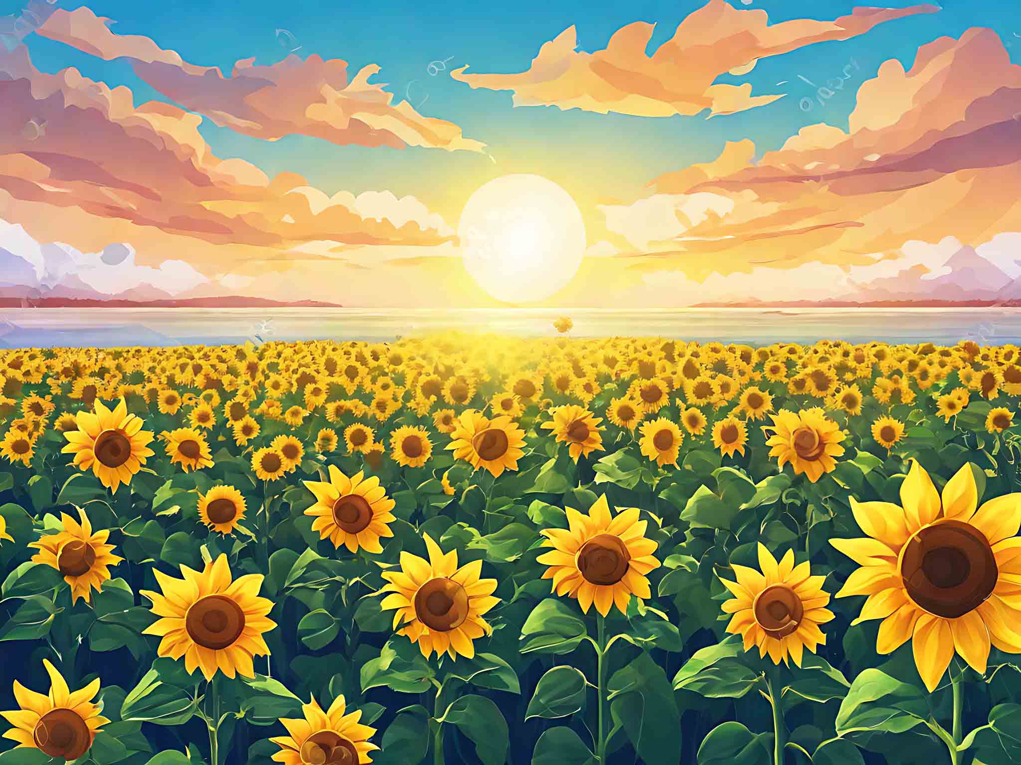 春天唯美治愈向日葵花海天空插畫素材