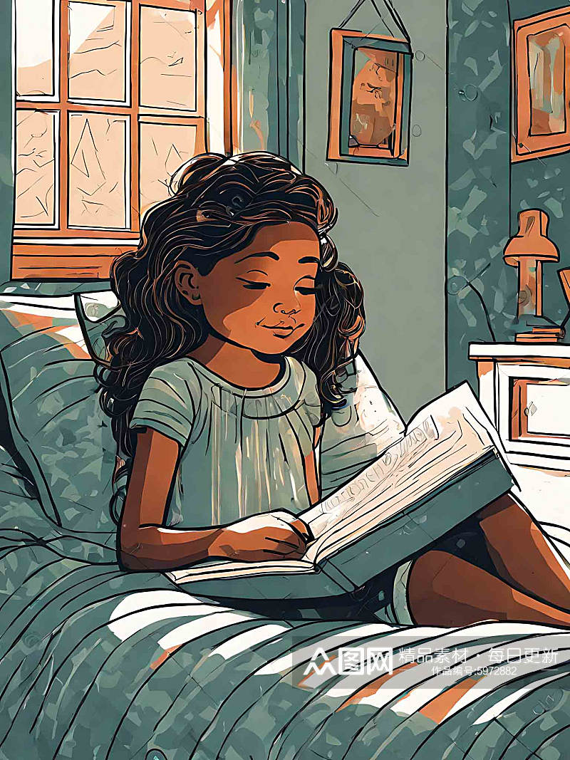 创意坐在床上看书的女孩插画素材