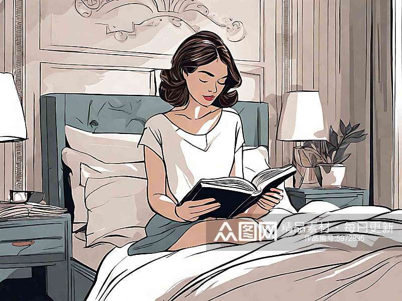 创意坐在床上看书的女孩插画素材