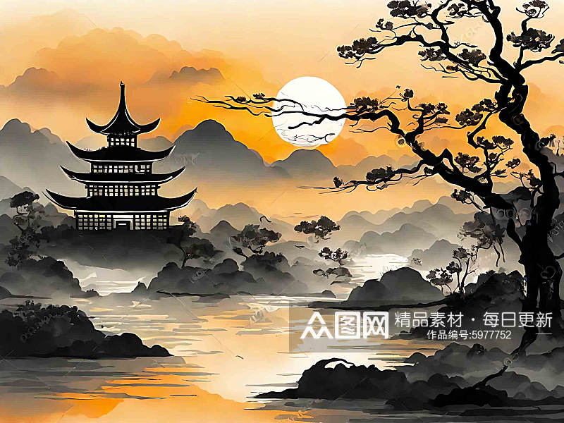 中国风夕阳水墨山水风景插画素材