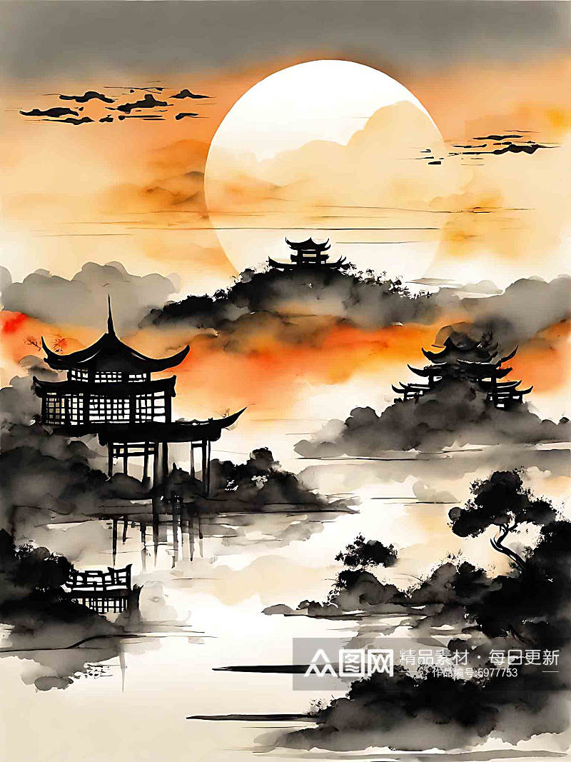 中国风夕阳水墨山水风景插画素材