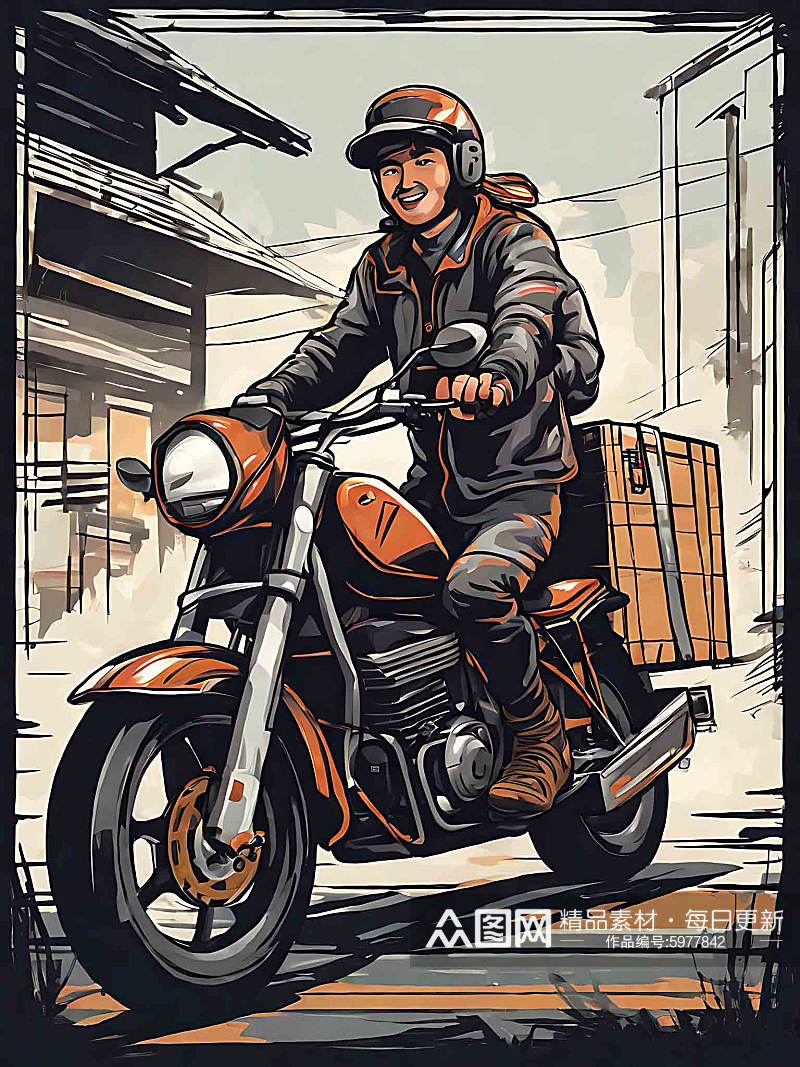 一个骑着摩托车送货的快递员插画素材