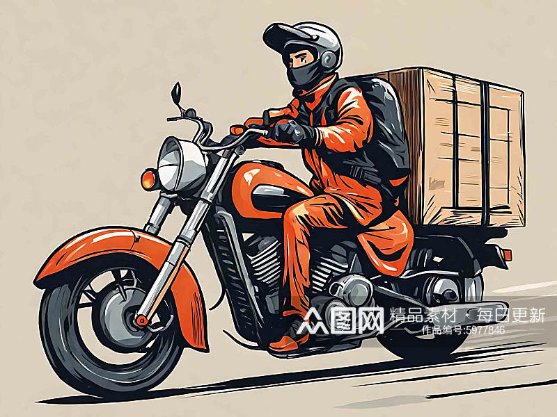 一个骑着摩托车送货的快递员插画素材