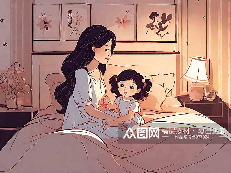 创意妈妈抱着女儿坐在床上插画素材