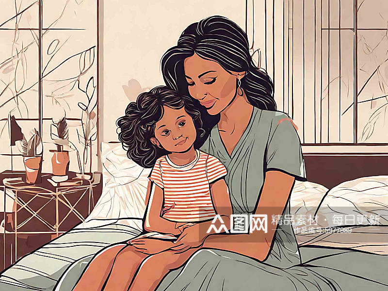 创意妈妈抱着女儿坐在床上插画素材