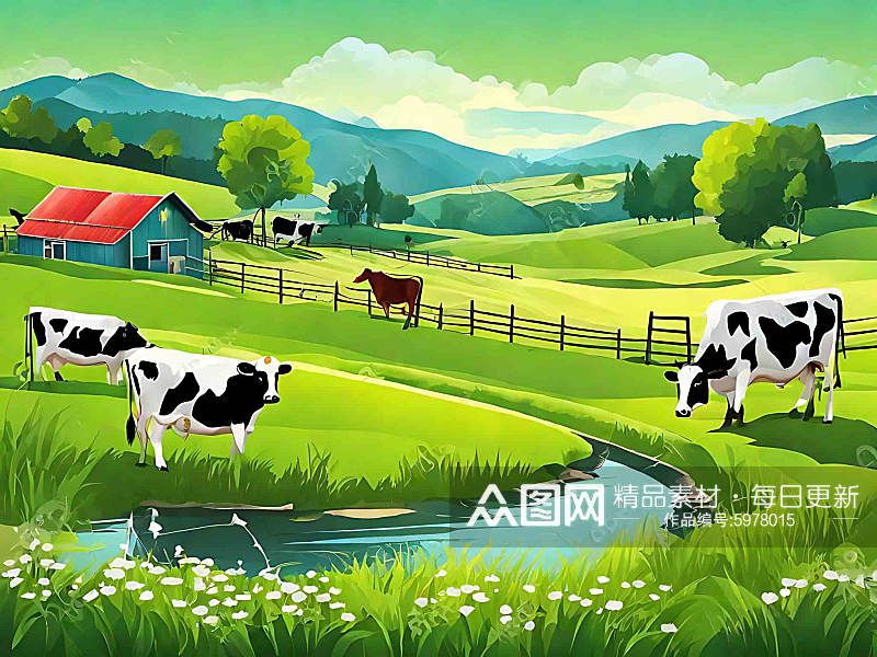 绿色唯美乡村田园奶牛牧场风景插画素材