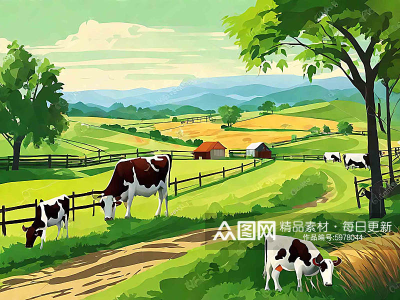绿色唯美乡村田园奶牛牧场风景插画素材