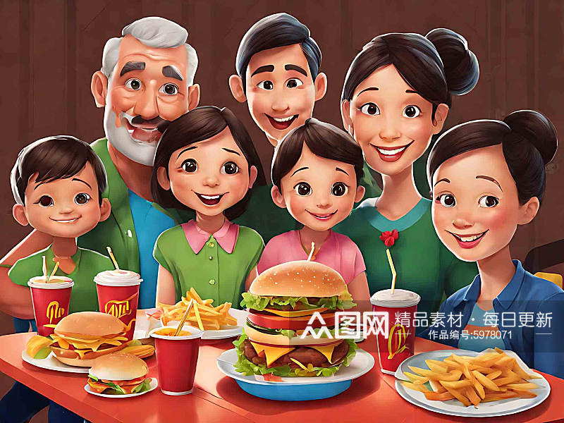 聚在一起快乐吃饭的家人们插画素材