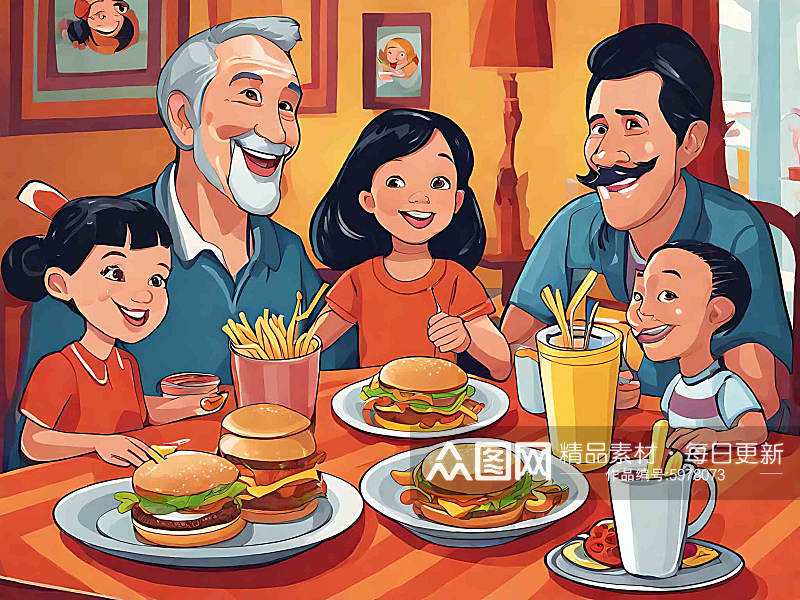 聚在一起快乐吃饭的家人们插画素材