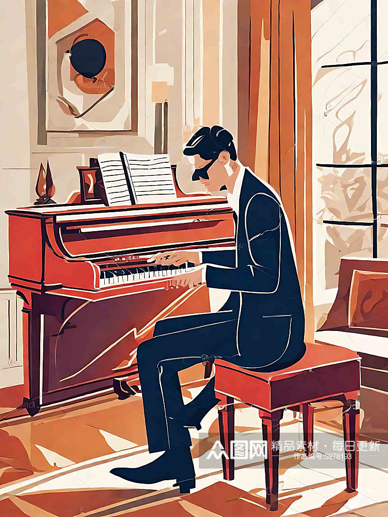 创意弹钢琴的男人插画素材