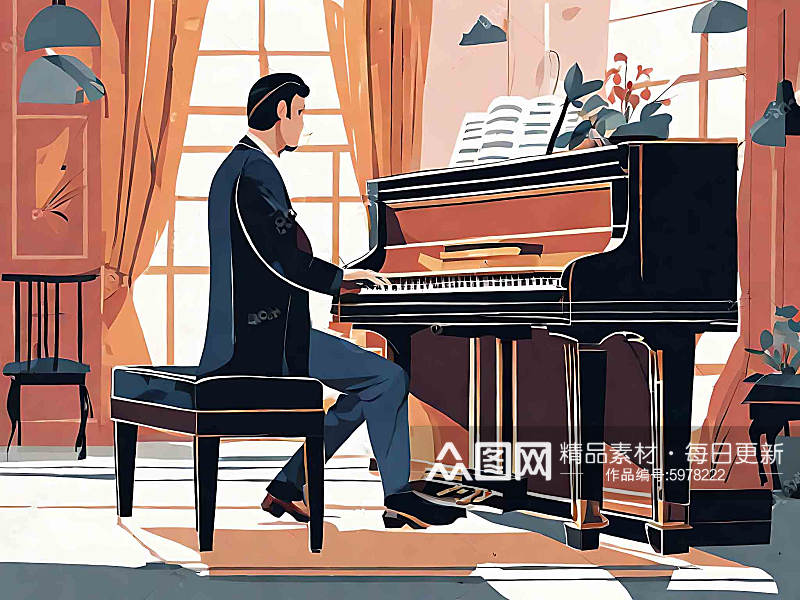 创意弹钢琴的男人插画素材