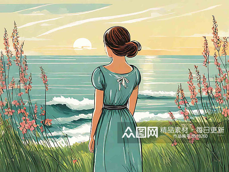 春天站在草地面朝大海女孩背影插画素材