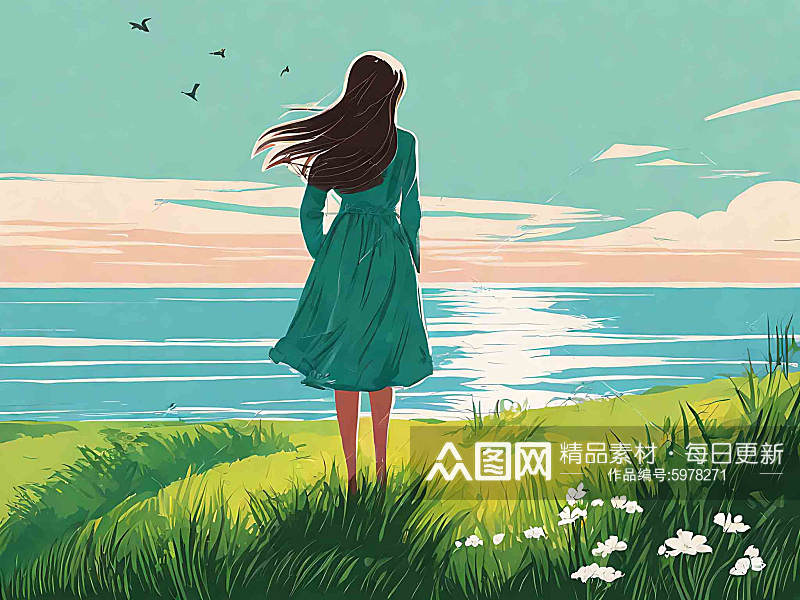 春天站在草地面朝大海女孩背影插画素材