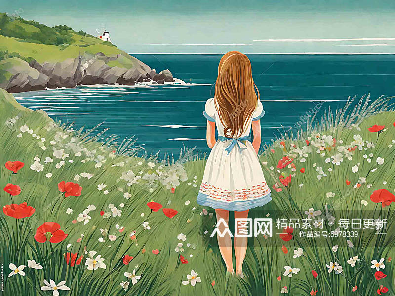 春天站在草地面朝大海女孩背影插画素材