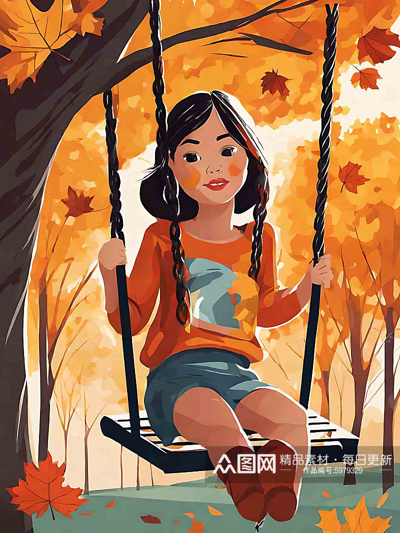秋天在公园荡秋千的女孩插画素材