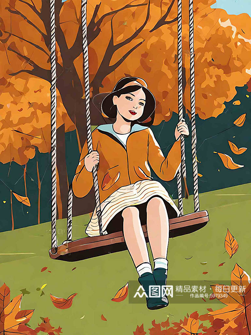 秋天在公园荡秋千的女孩插画素材