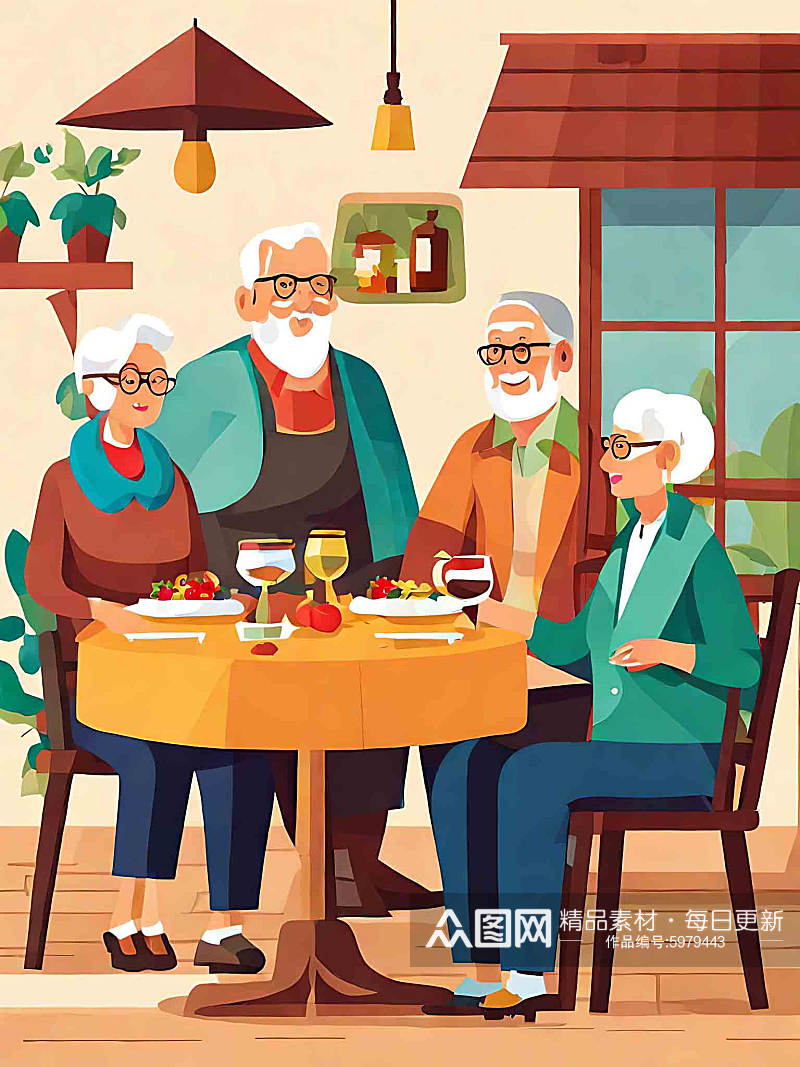 绘画老年人聚会聚餐插画素材