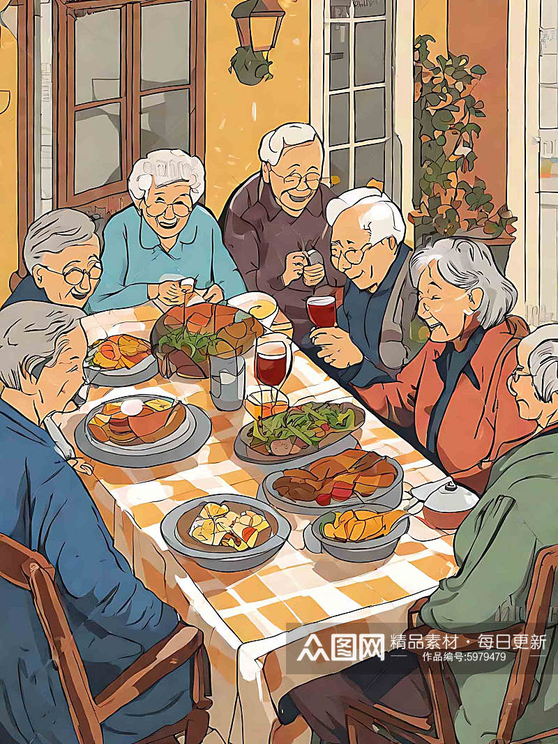绘画老年人聚会聚餐插画素材