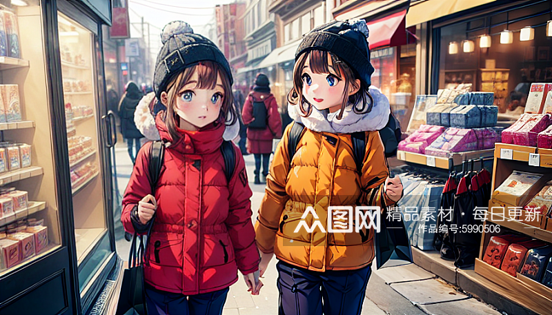 动漫风冬天在逛街的小女孩图片素材