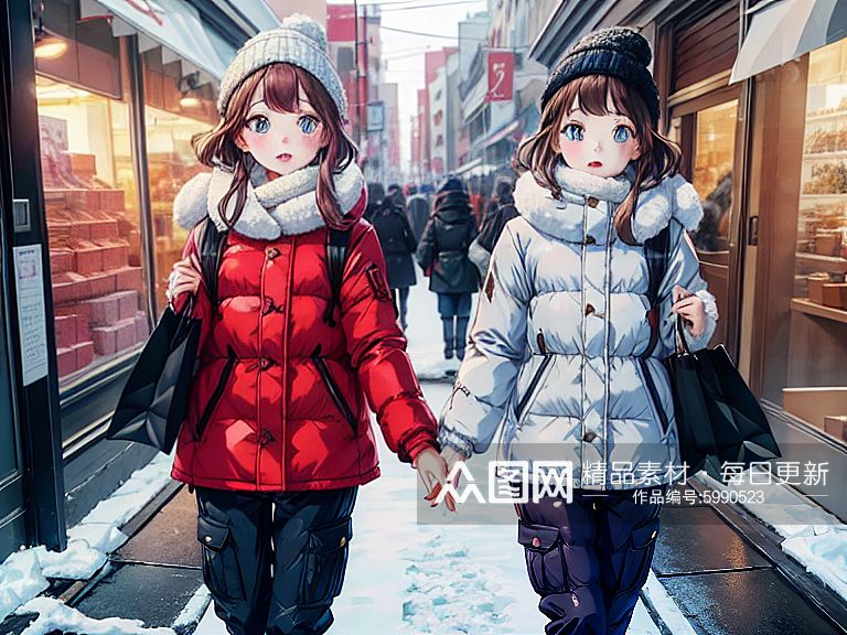 动漫风冬天在逛街的小女孩图片素材