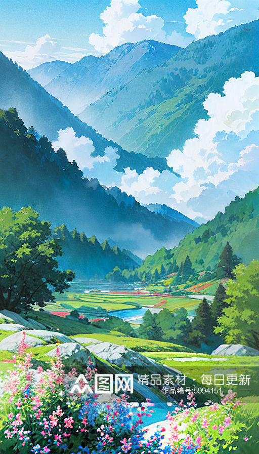 蓝色春天白云山水花树自然风景插画素材
