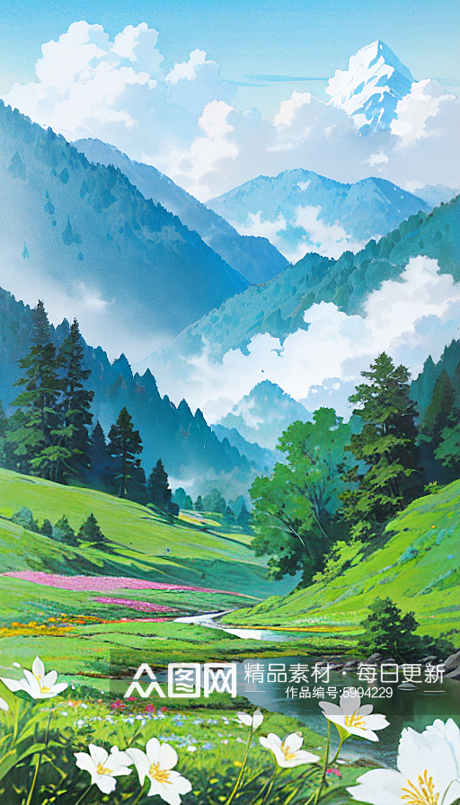 蓝色春天白云山水花树自然风景插画素材