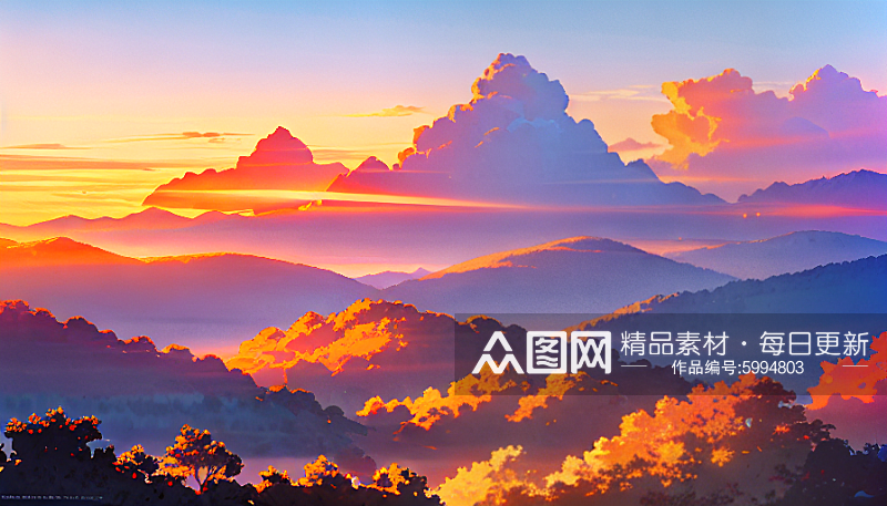 黄昏夕阳日落风景唯美插画素材