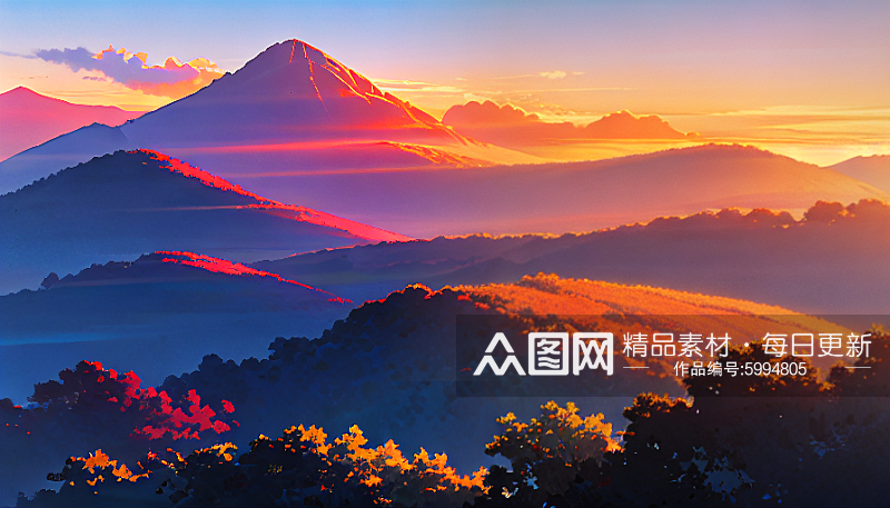 黄昏夕阳日落风景唯美插画素材