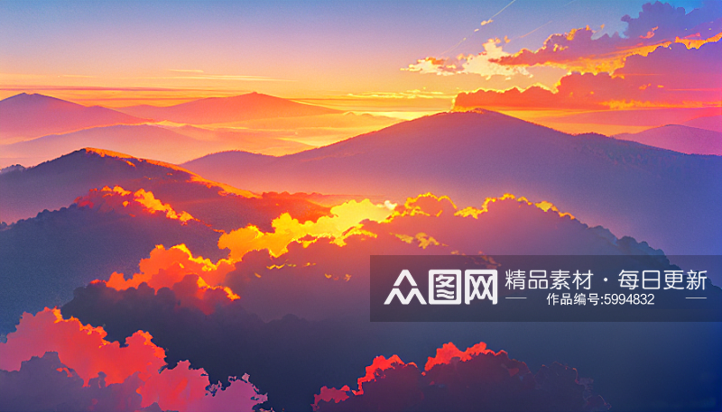 黄昏夕阳日落风景唯美插画素材