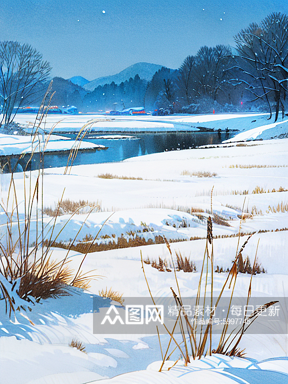 冬季乡村积雪河边芦苇丛唯美夜景插画素材