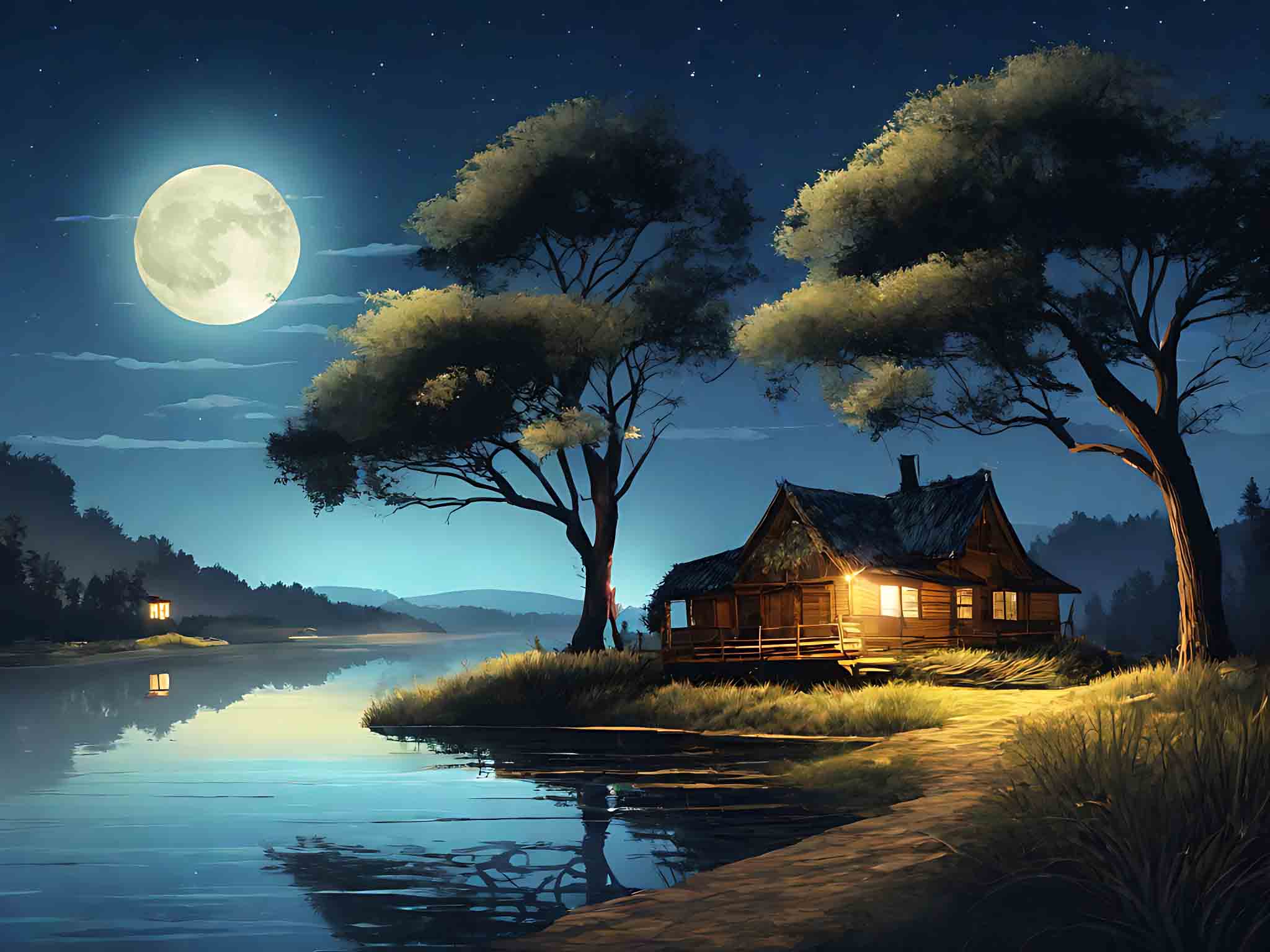 创意夜晚月光下的自然风景插画素材