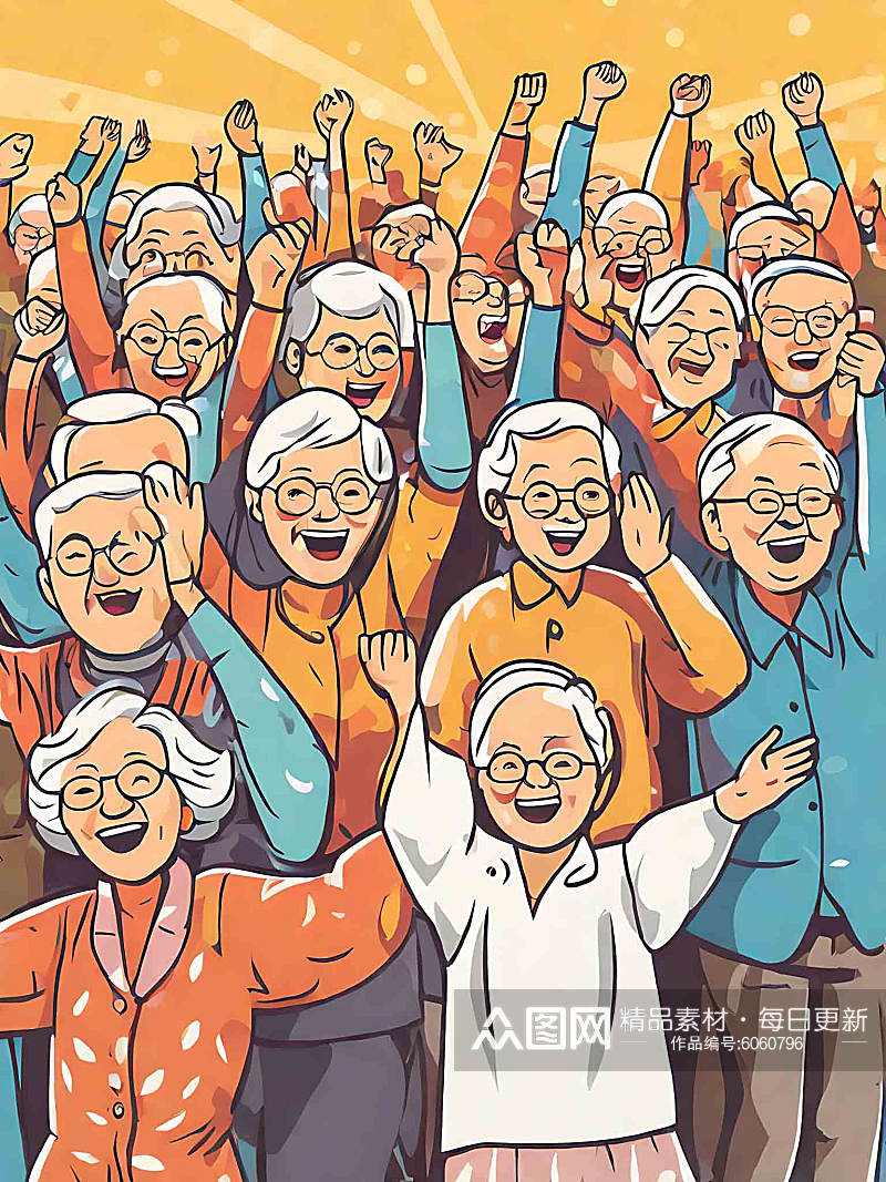 举手欢呼的老人插画AI数字艺术素材