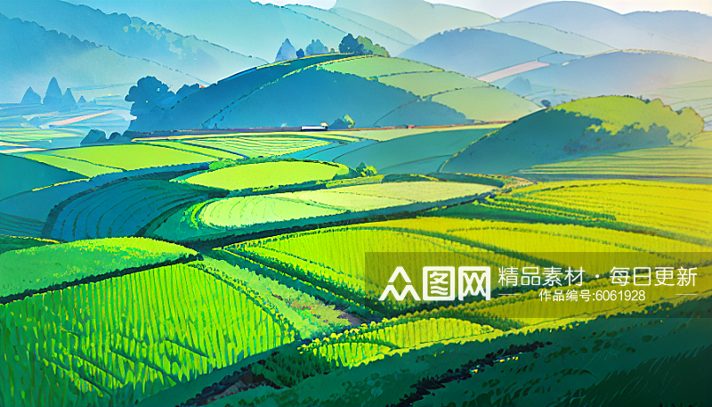春季乡间绿油油的水稻田插画AI数字艺术素材