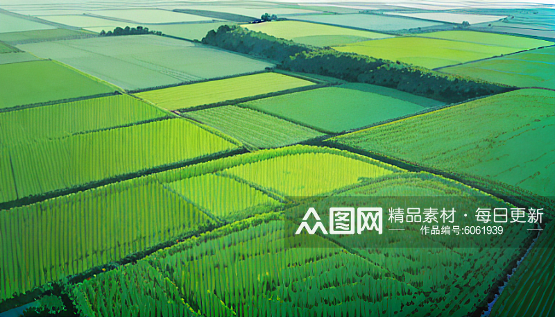 春季乡间绿油油的水稻田插画AI数字艺术素材