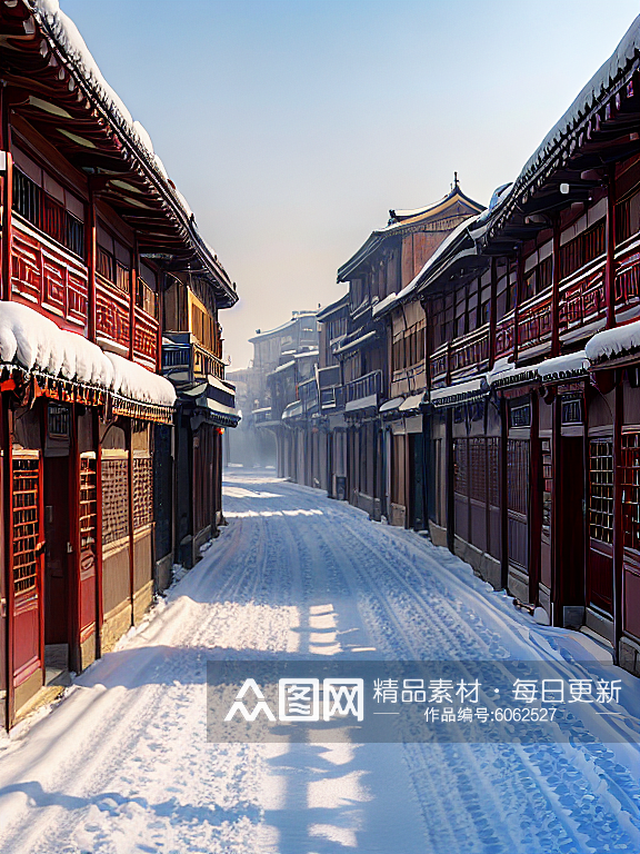 冬天古镇唯美雪景AI数字艺术素材