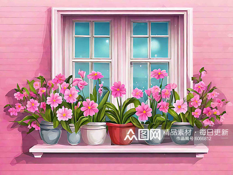 春天窗外粉色的花朵插画AI数字艺术素材
