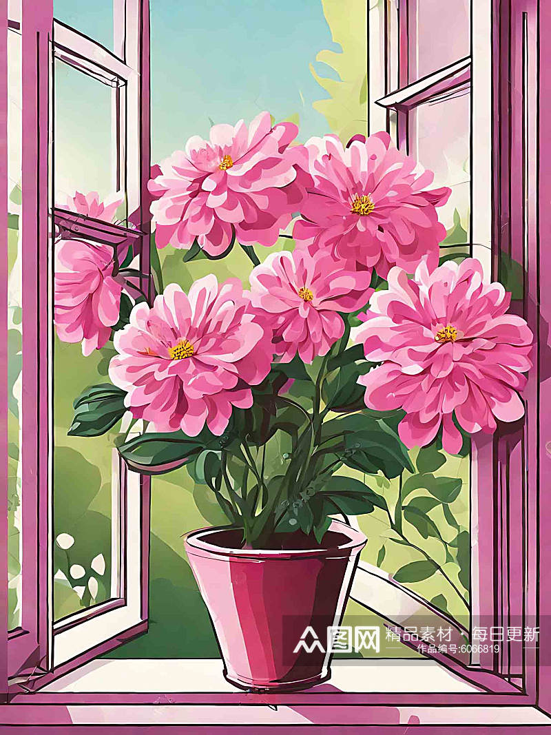 春天窗外粉色的花朵插画AI数字艺术素材