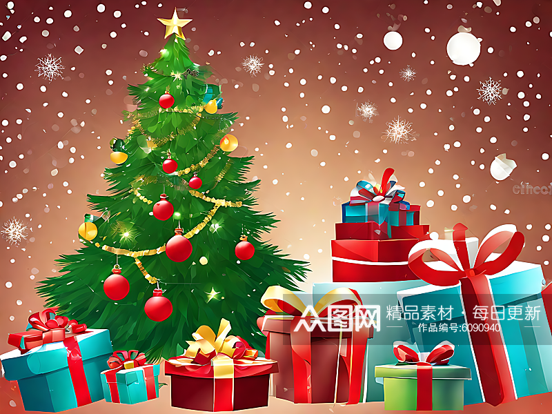 圣诞树和圣诞礼物插画AI数字艺术素材