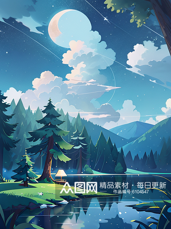 治愈夜晚树林插画AI数字艺术素材