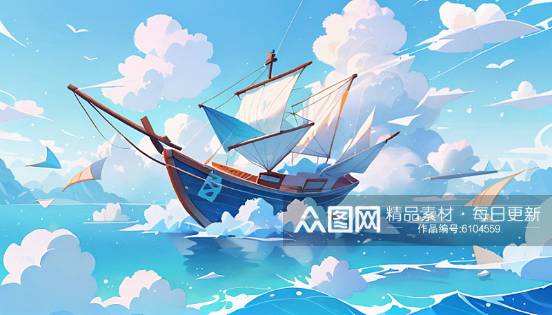 治愈蓝色夏天纸船蓝天云海插画AI数字艺术素材