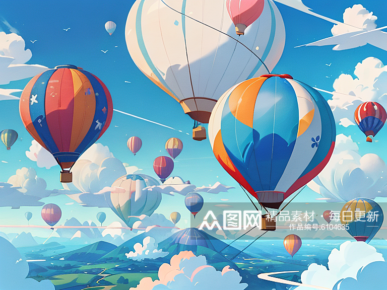 夏季热气球天空白云插画AI数字艺术素材