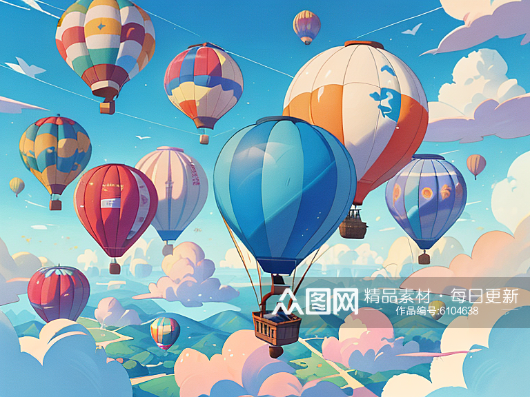 夏季热气球天空白云插画AI数字艺术素材