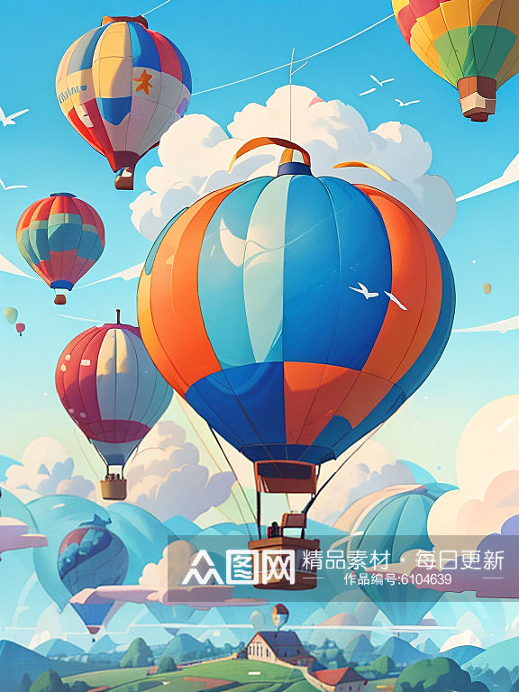 夏季热气球天空白云插画AI数字艺术素材