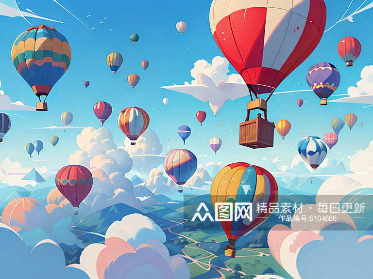 夏季热气球天空白云插画AI数字艺术素材